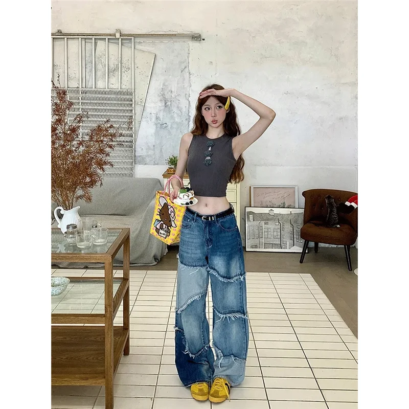 Blue Women Jeans High Waist Fashion American Vintage Streetwear Y2K 2000S Wide Leg Jean Female Denim Trouser Baggy Denim Pants