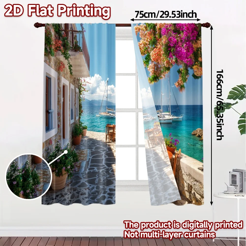 2pcs, 2D FLAT PRINTING Curtains (Without Rod) Seaside Bloom(2) Modern Window Curtain Yarn Curtains Decorations Inside Perfect