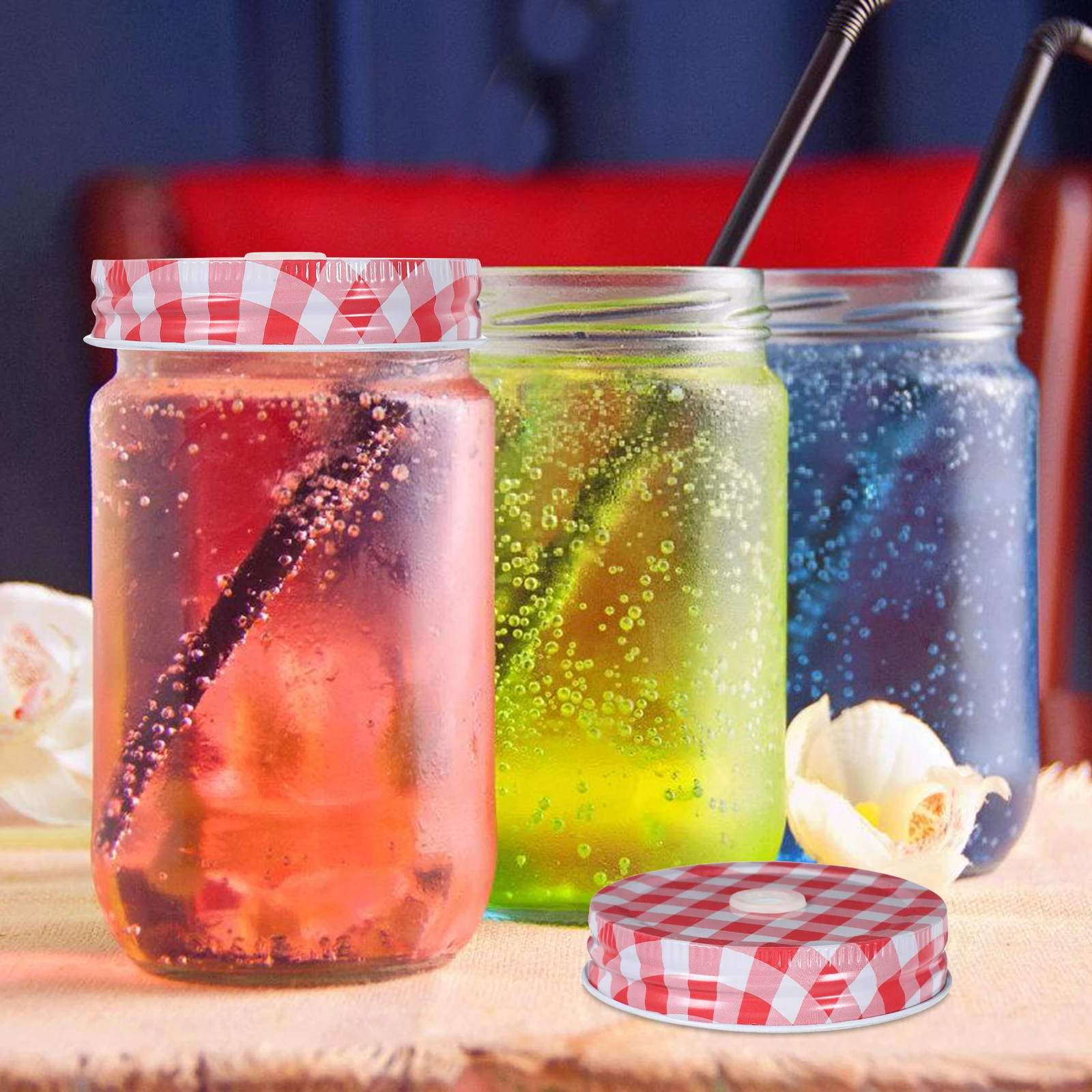 

6Pcs Mason Jar Straw Lid Replacement Wide Mouth Iron Metal Canning Jar Covers Patterned Straw Hole for Drinking Storage