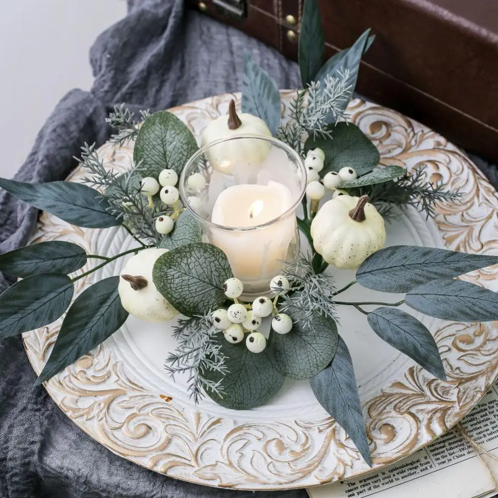 Thanksgiving Table Centerpiece Fall Pumpkin Candle Ring with Artificial Berries Maple Leaves Wreath for Thanksgiving for Wedding