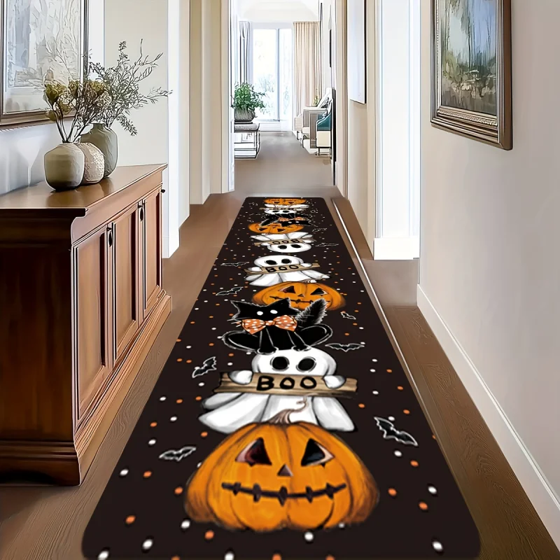 VIKAMA Halloween Runner Rug Pumpkin Ghost Black Cat Boo Bat Print Non Slip Washable Long Corridor Entryway Holiday Decor Carpet