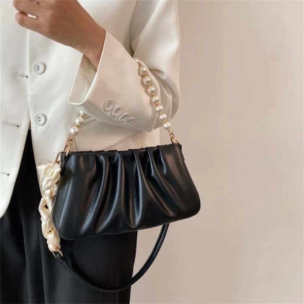 Fashion PU Pearl Cloud Bags Pleated Handbags for Women Shopping Shoulder Bags Female Hand Bags Crossbody Bags