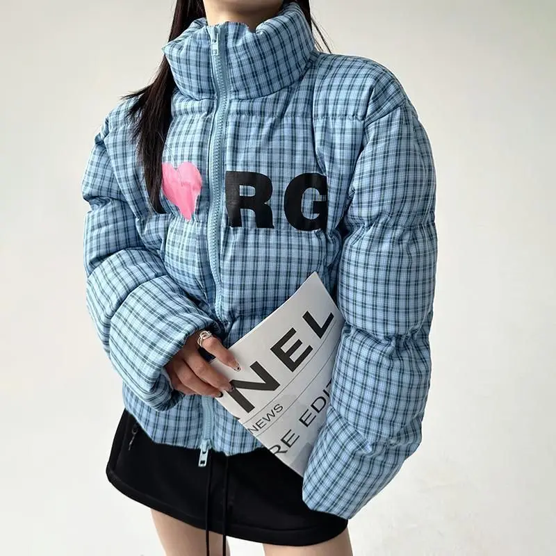 Short-line Check Cotton Coat with Padding, Women's Trendy Casual Coat, Cotton Jacket