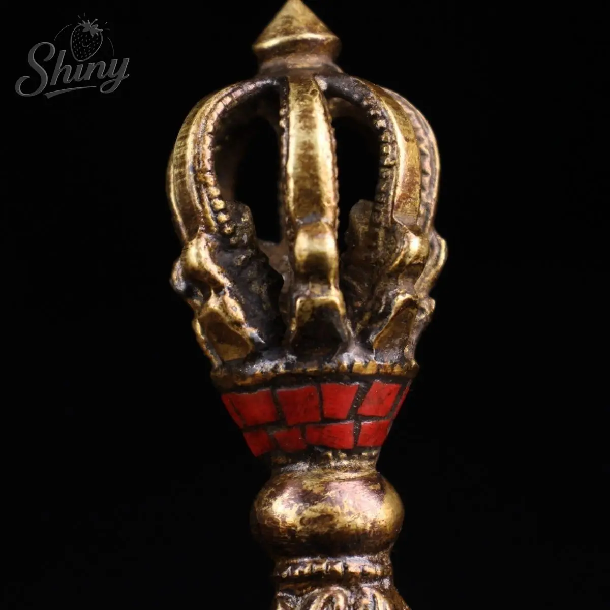 Tibetan Brass Buddhist Red Coral Turquoise Dorje Ax Phurpa Pestle Vajra Amulet