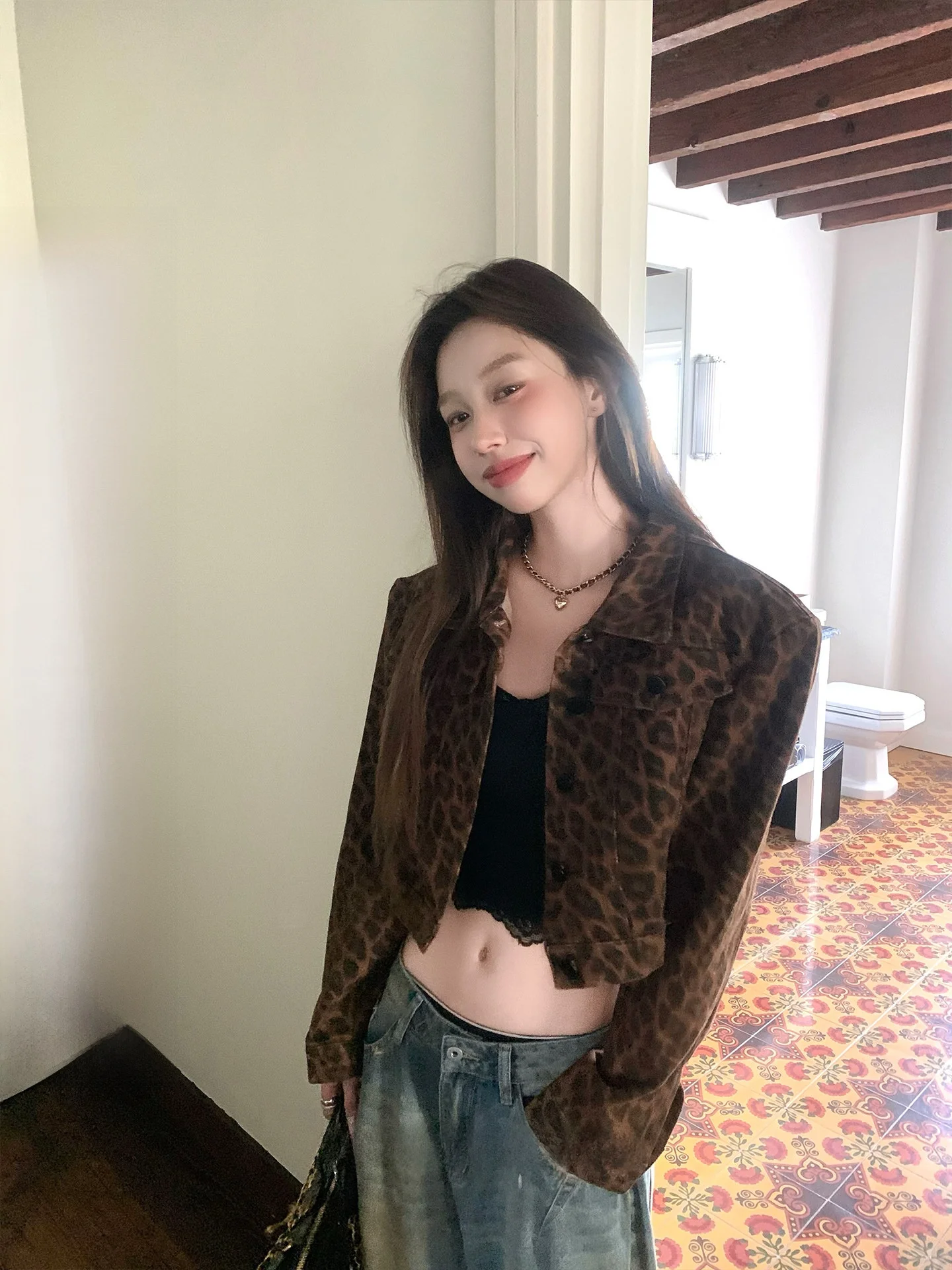 

Retro American Leopard Print Denim ort Jaet Women's Slimming Top Cotton Straight Cut Sle 23TH ALTER Autumn New Arrival