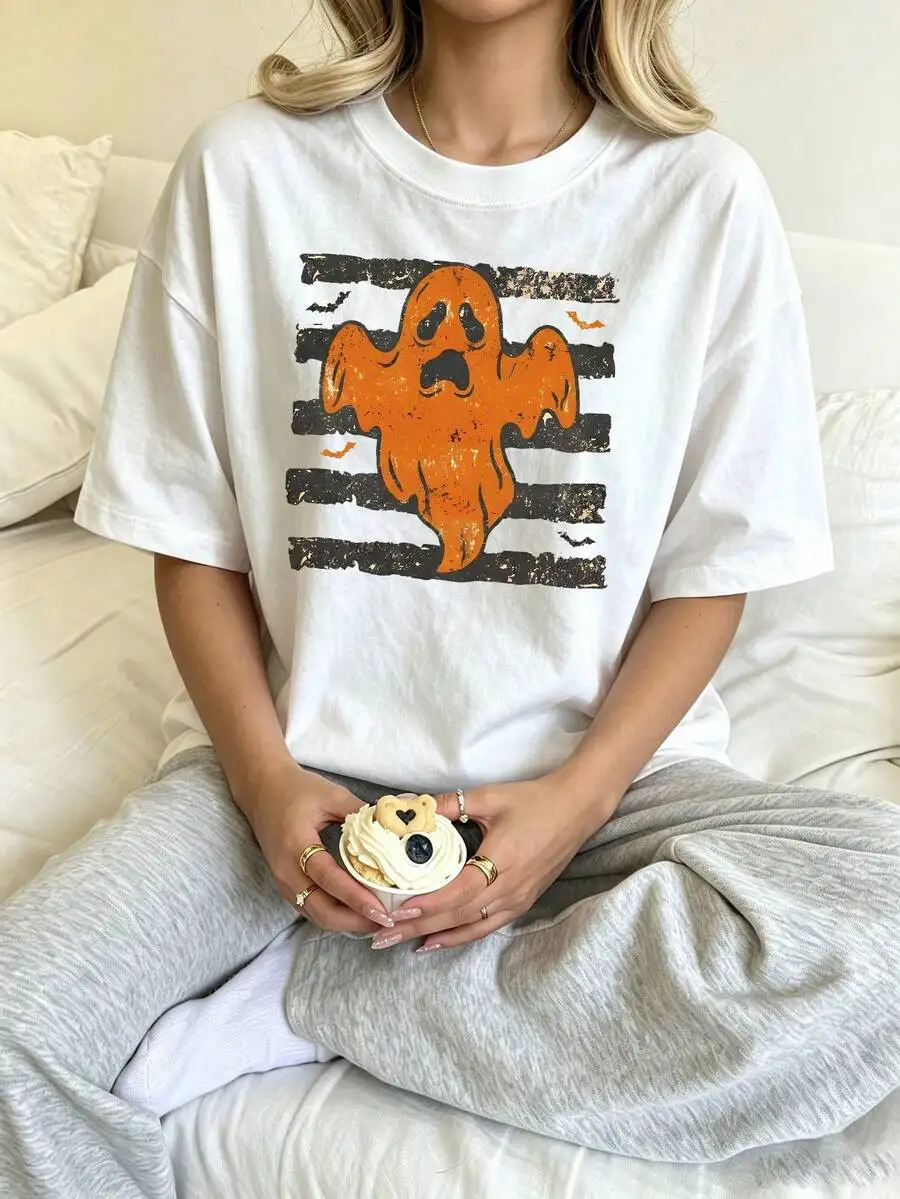 Women's Halloween Orange Ghost Vintage Distressed Black Stripes Bats Graphic Print T‑Shirt Crew Neck Short Sleeve Halloween Party Casual Tee Top