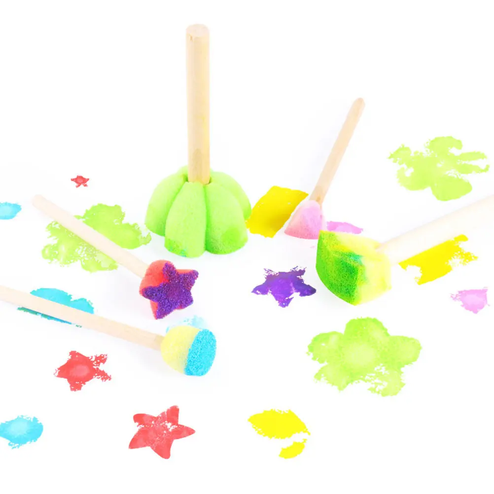 

4Sets Kids Sponge Painting Brushes Round Sponge Seals Wooden Handle Drawing Doodle Tools Preschool Creativity Color Learning