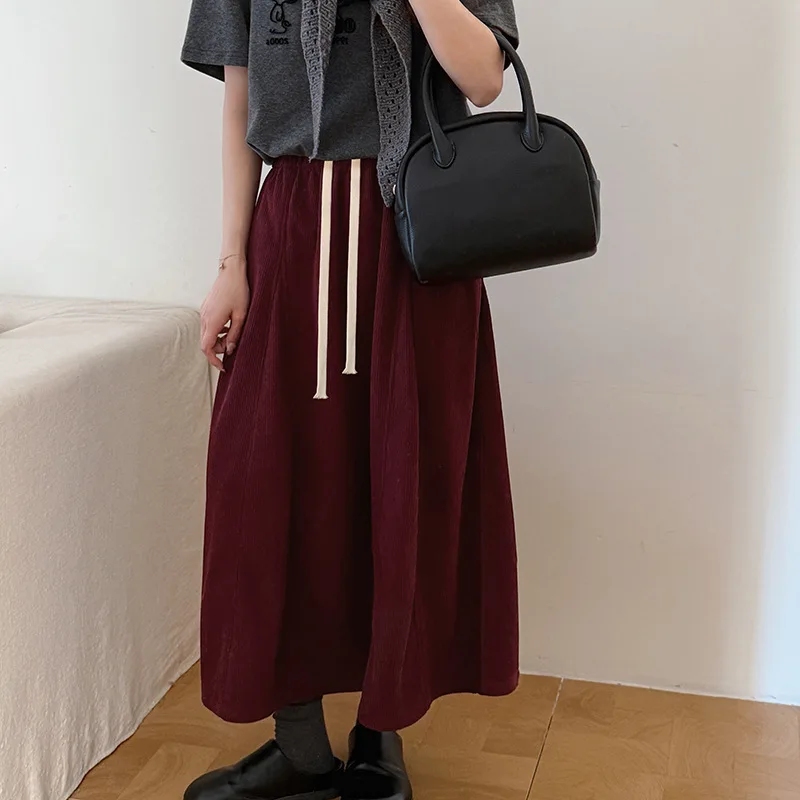 

Women Pocket Drawstring Vintage Long Skirt Autumn Winter Korean Street Thicken Maxi Skirt Elegant College Corduroy Midi Skirts