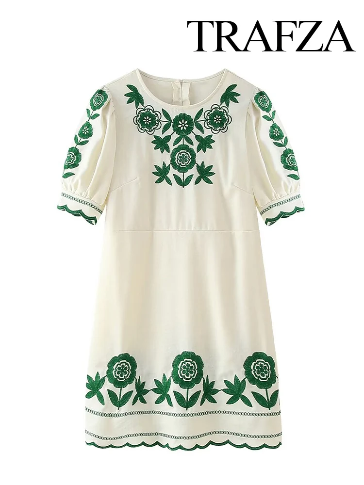 TRAFZA Women's Fashion Vintage Embroidered Short Sleeve Mini Dress Female Elegant Generous Back Button Pullover 2-Color Dress