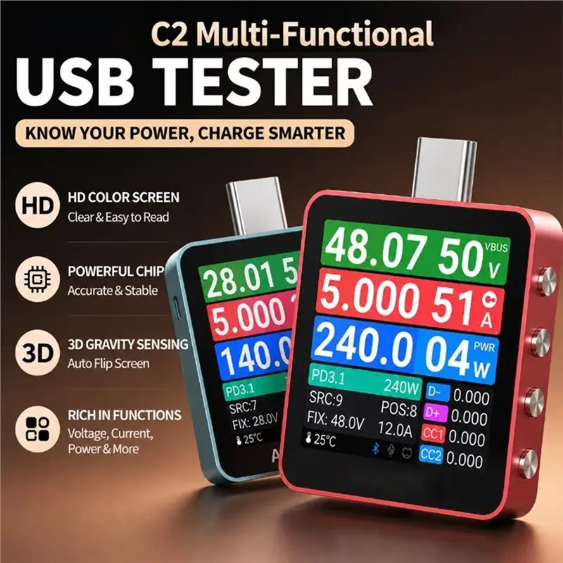 AT02-Charging Power Detector USB Tester C2 Digital Voltmeter PD3.2 Battery Tester Fast Charge Detection Trigger C2 Std