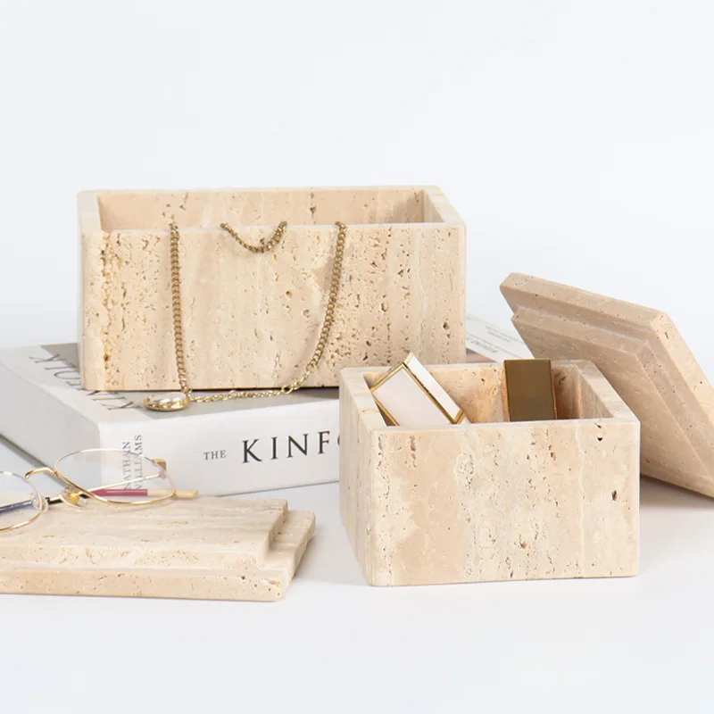 Light luxury natural yellow travertine jewelry box household bedroom jewelry storage box
