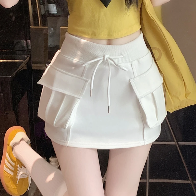 Casual Summer A Line Mini Skirts Women Black Elastic Waist Pockets Faldas Largas Korean Style Clothes White Short Kawaii Skirt