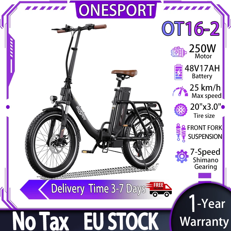 Bicicletta elettrica pieghevole ONESPORT OT16-2, motore da 250 W, batteria al litio da 48 V e 17 Ah, velocità massima ​ ​ Bicicletta elettrica con velocità massima di 25 km/h; dotata di app Bluetooth,