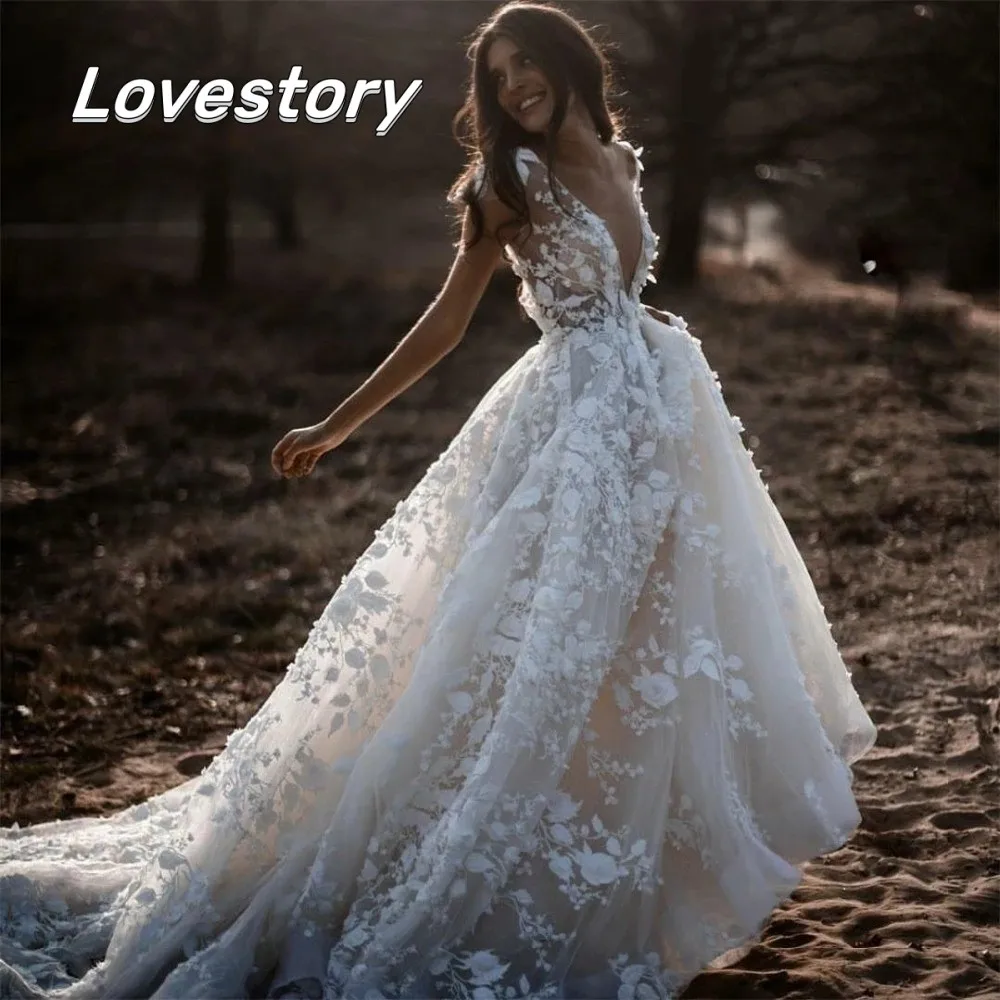 A Line V Neck Bohemian Váy Cưới Cổ Điển Ren Bóng Áo Ren Bridal Gowns Solitaire Huấn Luyện Viên Corset Boho Vestidos De novia