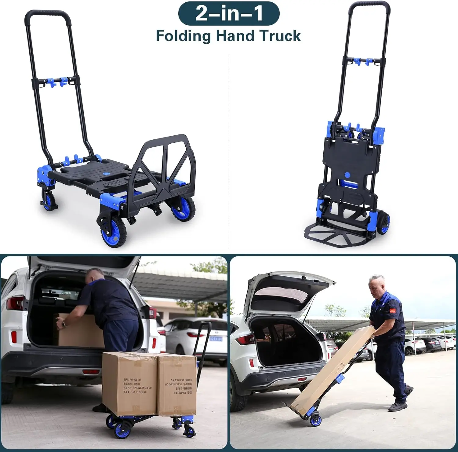 2-in-1Folding Hand Truck Dolly with Folding Basket, 330LBS Capacity Foldable Hand cart,Folding Dolly with Retractable Handle