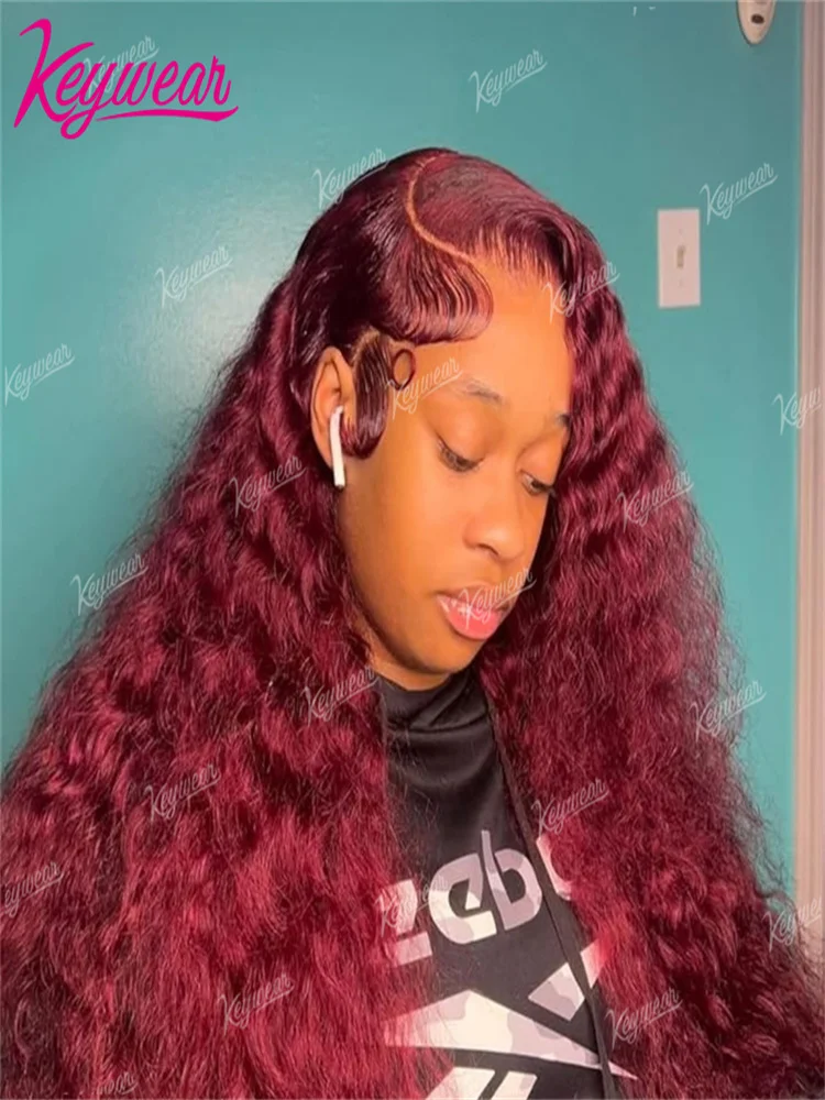 

40-дюймовый кудрявый парик из натуральных волос 99j бургундского цвета, 13x6 HD с прозрачной кружевной передней частью, красные парики для женщин, прозрачное кружево 13x4, парик с глубокими волнами и фронтальной частью