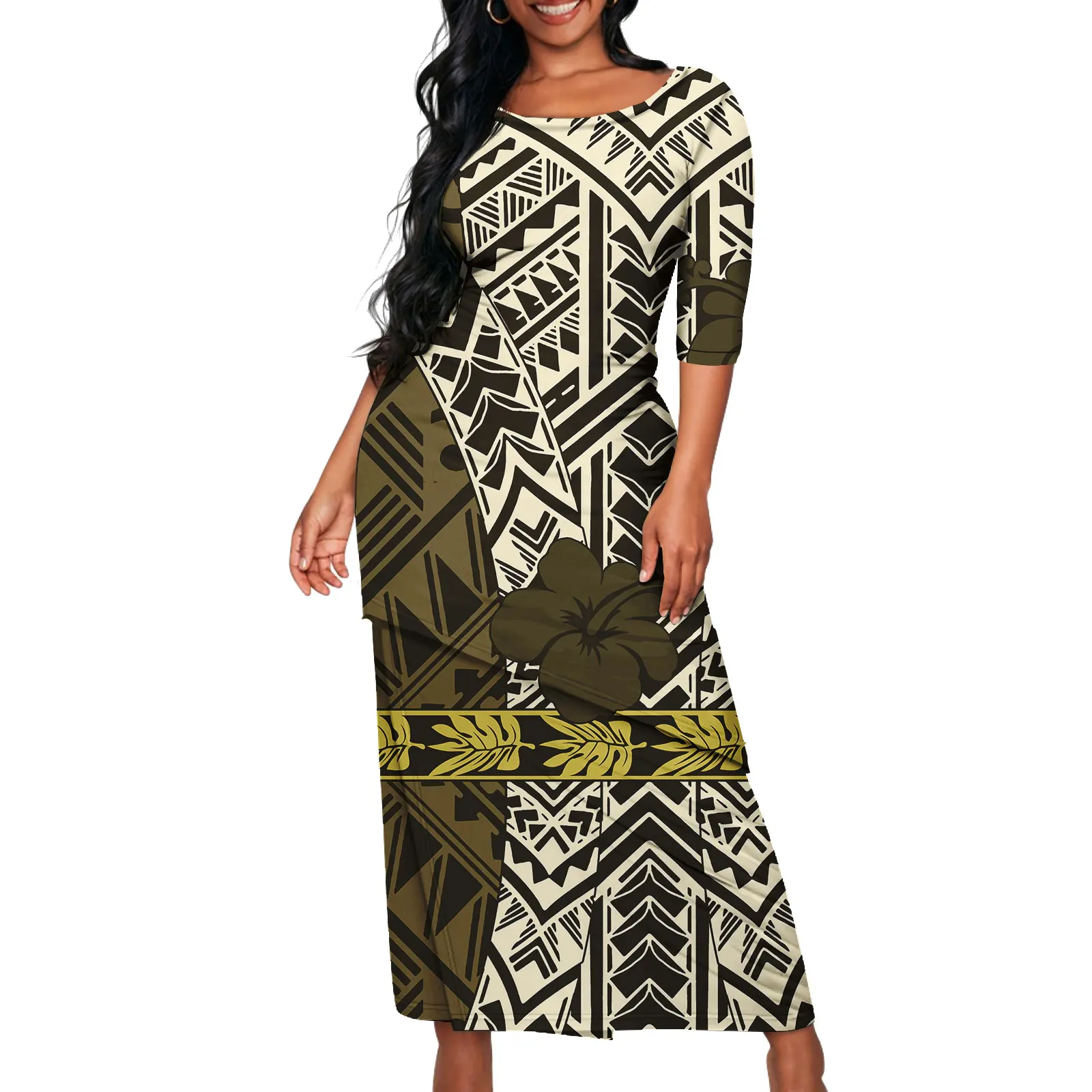 Wholesale Samoan Traditional Tattoo Print Women\'s Dress Custom Cheap Polynesia Printed Ladies Island Two Piece Set Puletasi