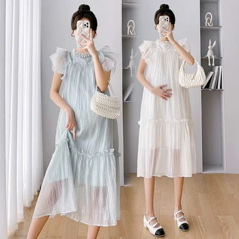 Perlen Rüschen süße Mutterschaft langes Kleid 2024 Sommer neue Mode elegante Kleidung für schwangere Frauen Schwangerschaft lässig tägliche Kleidung