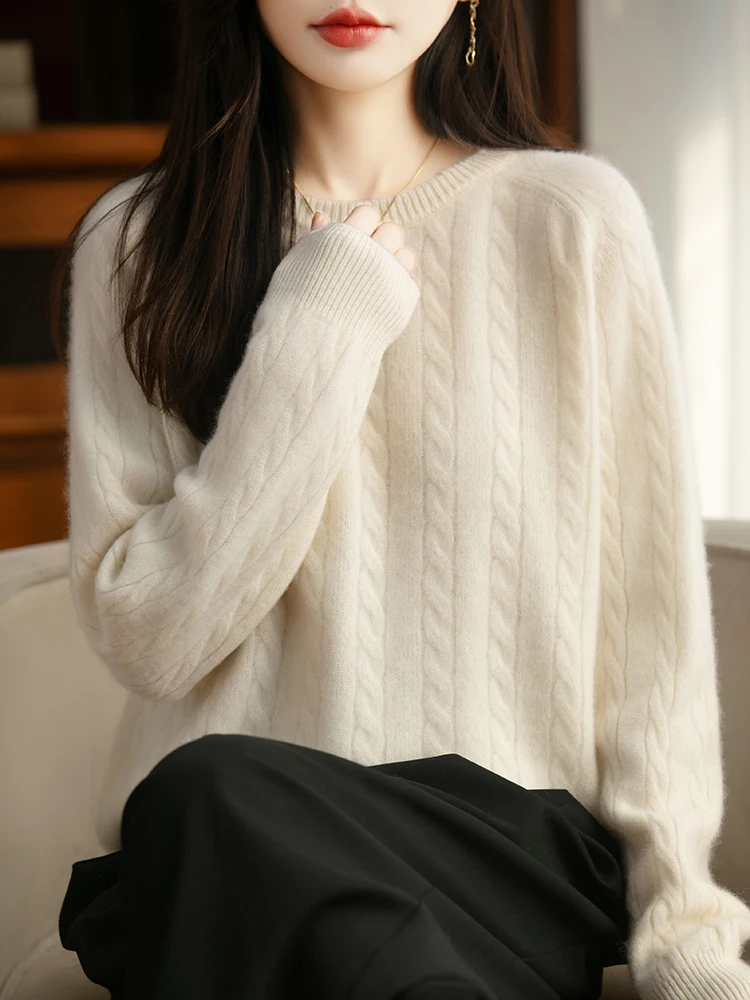 سترة تريكو من صوف ميرينو 100% بلوفر نسائي برقبة دائرية للخريف والشتاء من الصوف الخالص بأكمام طويلة ملابس شعبية مريحة