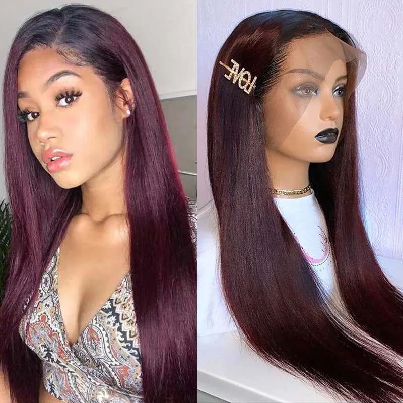 Ombre Hd Lace Front Human Hair Wigs Dark Burgundy 99J Lace Frontal Bone Straight Human Hair Wig Glueless Colored Brazilian Wigs