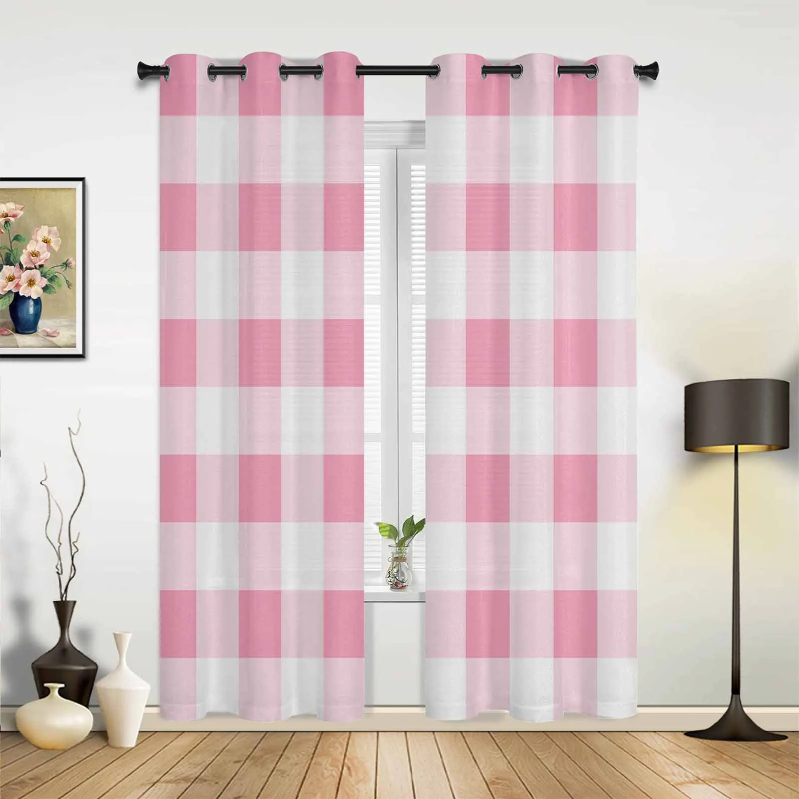 Pink Checkered Pattern In Spring Modern Hall Curtains for Living Room Bedroom Window Curtains Panels Drapes