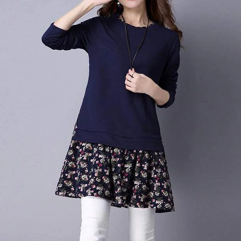 Spring Autumn New Floral Patchwork Top T Shirt Long Sleeve O-neck Loose Solid Plus Size Pullovers Vintage Casual Women Clothing