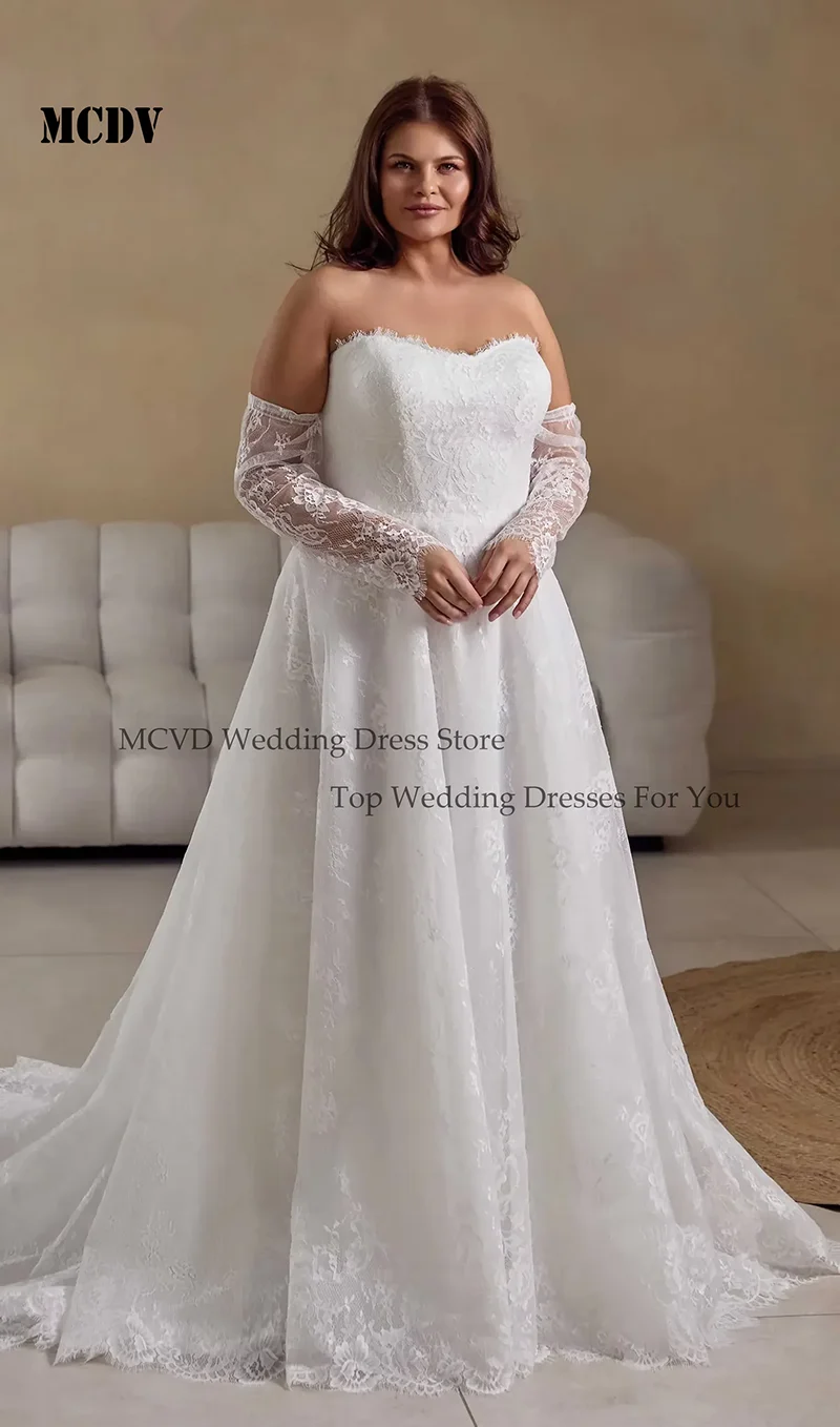 

MCDV Lace Bride Gowns Plus Size Detachable Sleeves Applique Elegant Wedding Dresses Bridal 2026 A-Line Button Back Customized