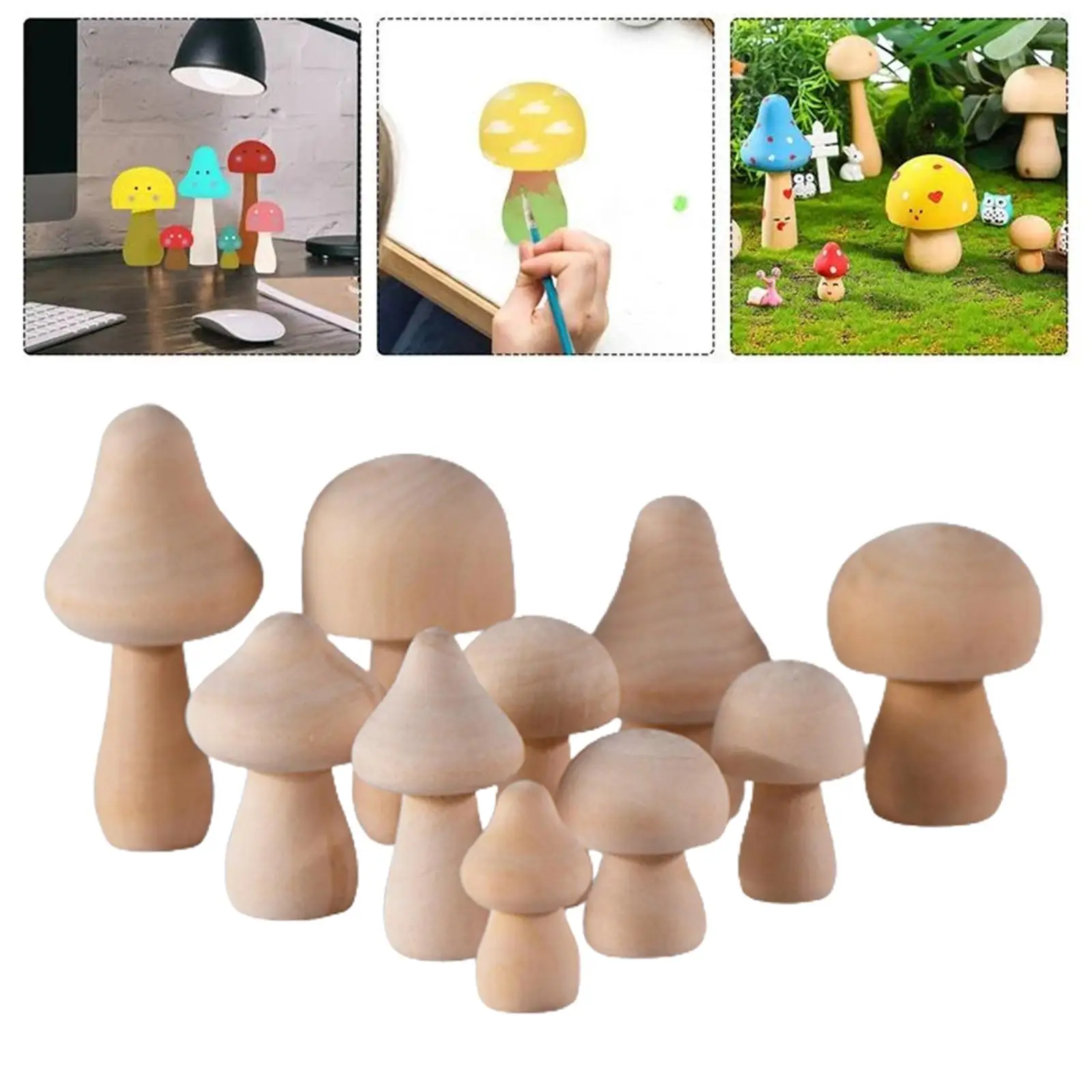 10Pcs Unfinished Mushroom Wooden Plain Art Crafts Peg Dolls Toys for Kids DIY Ornaments