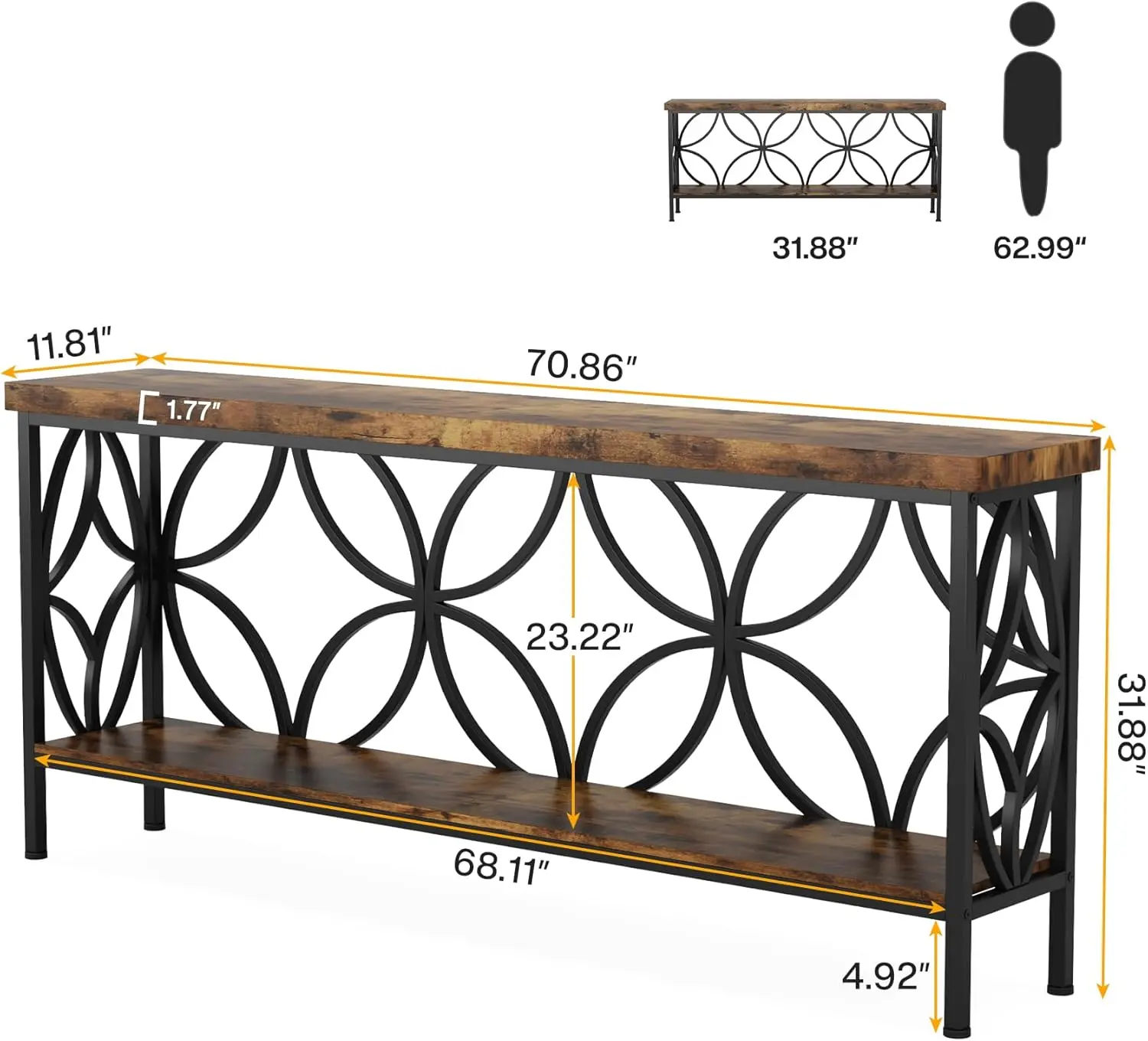 70.9-Inch Narrow Sofa Table, Industrial Long Sofa Table Behind Couch, Entry Console Table with Storage for Entryway, Living Room