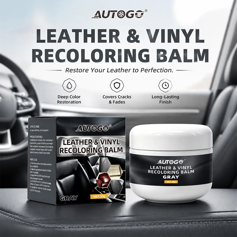 AUTOGO Gray Leather & Vinyl Recoloring Balm 50g Leather Repair Paste Restore Faded Scratched Leather for Car Seat Sofa Bag