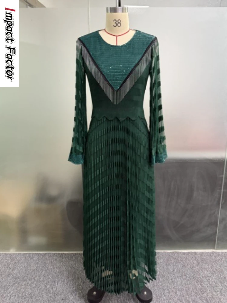 

2025 Miyake Pleated High Elastic Loose Long Dress New Dress Model Flared Sleeve Fringed Dresses Summer New Model