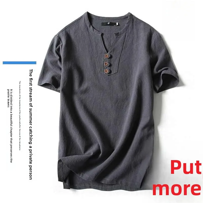 

Мужская хлопково-льняная футболка больших размеров с v-образным вырезом, свободная посадка, удобная дышащая летняя повседневная одежда, молодежная мода