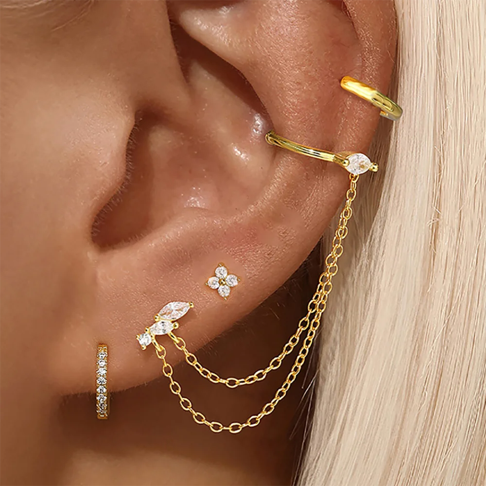 4-teiliges Set luxuriöser Quasten-Ohrringe mit langer Kette und Zirkonia für Damen, geometrische Ohrclips, Streetstyle-Schmuck