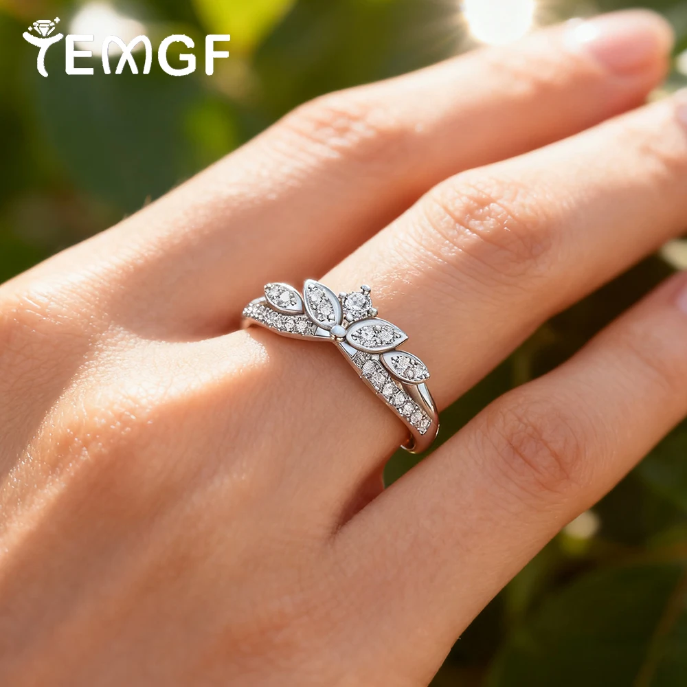 TEMGF 여성용 풀 모이사나이트 반지 925 실버 크라운 프로포즈 약혼 반지 신부 웨딩 고급 반짝이는 보석 테스트 통과
