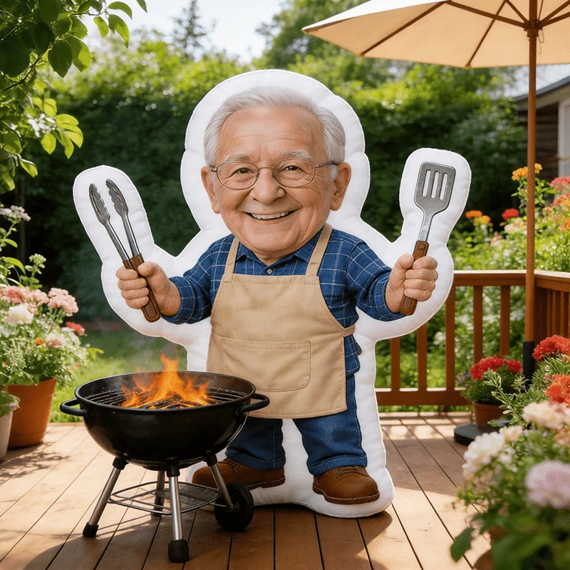 Personalized Photo Customization: Barbecue Grandpa Outdoor Tones Custom Shaped Decorative Cushion, Graphic Accent Pillow, 60cm L