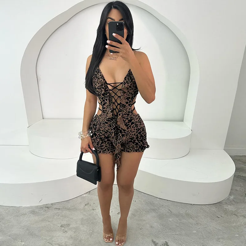 BKLD Women Clothing Sexy Leopard Printed Mesh Hollow Out Lace-Up Sleeveless Open Back Ruffles Patchwork Tight Rompers One Pieces