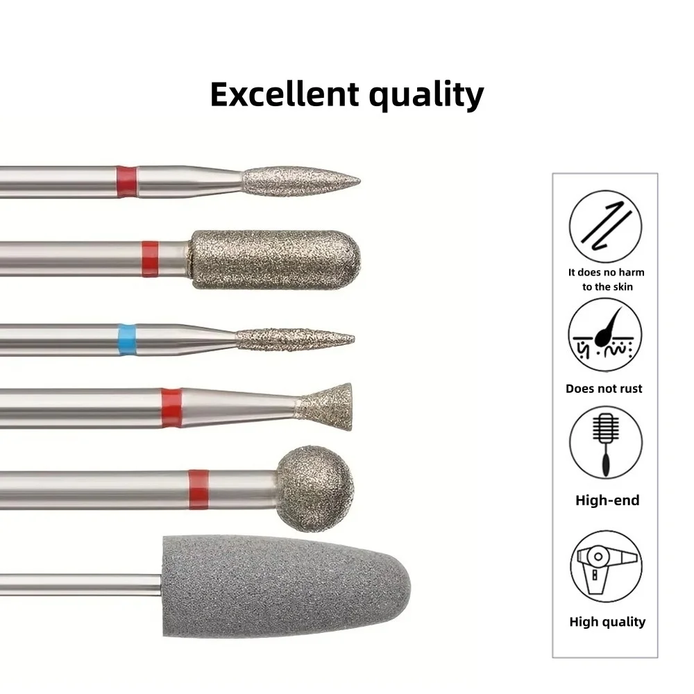 6개 네일 드릴 비트 다이아몬드 커터 매니큐어 큐티클 버 밀링 커터 네일 큐티클 폴리싱 비트 아크릴 제거용