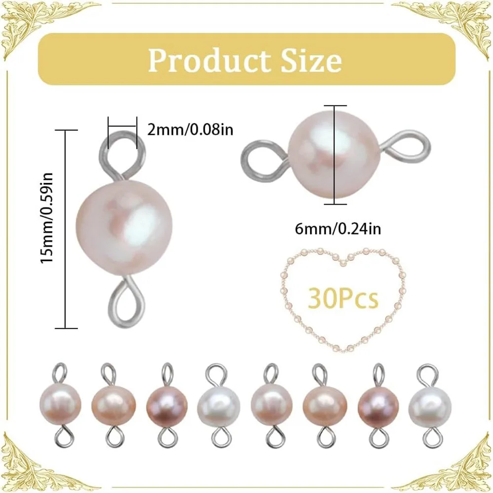 30Pcs Freshwater Pearl Beads Double Loop Links Baroque Round Beads 304 Stainless Steel Connector for DIY Jewelry Making Necklace