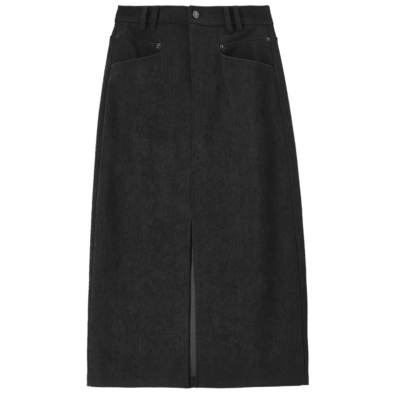 SENTUBILA 2025 Autumn Black Corduroy Warm Long Slit Skirt High Waist Commuting Skirt Fashion Elegant Clothing Ladies 144Q57480