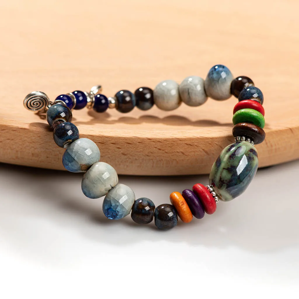 Handmade Ceramic Cracked Ice Vintage Single-Layer Bracelet with Elastic Cord Bohemian Chic Jewelry Unique Gift Idea Z797