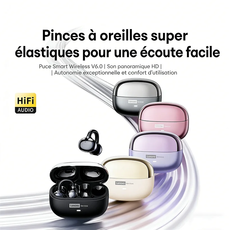 Casque sans fil Bluetooth 6.0 Lenovo LE302, longue durée de vie de la batterie, écouteurs sportifs à clip d'oreille, écouteurs stéréo HIFI à réduction de bruit