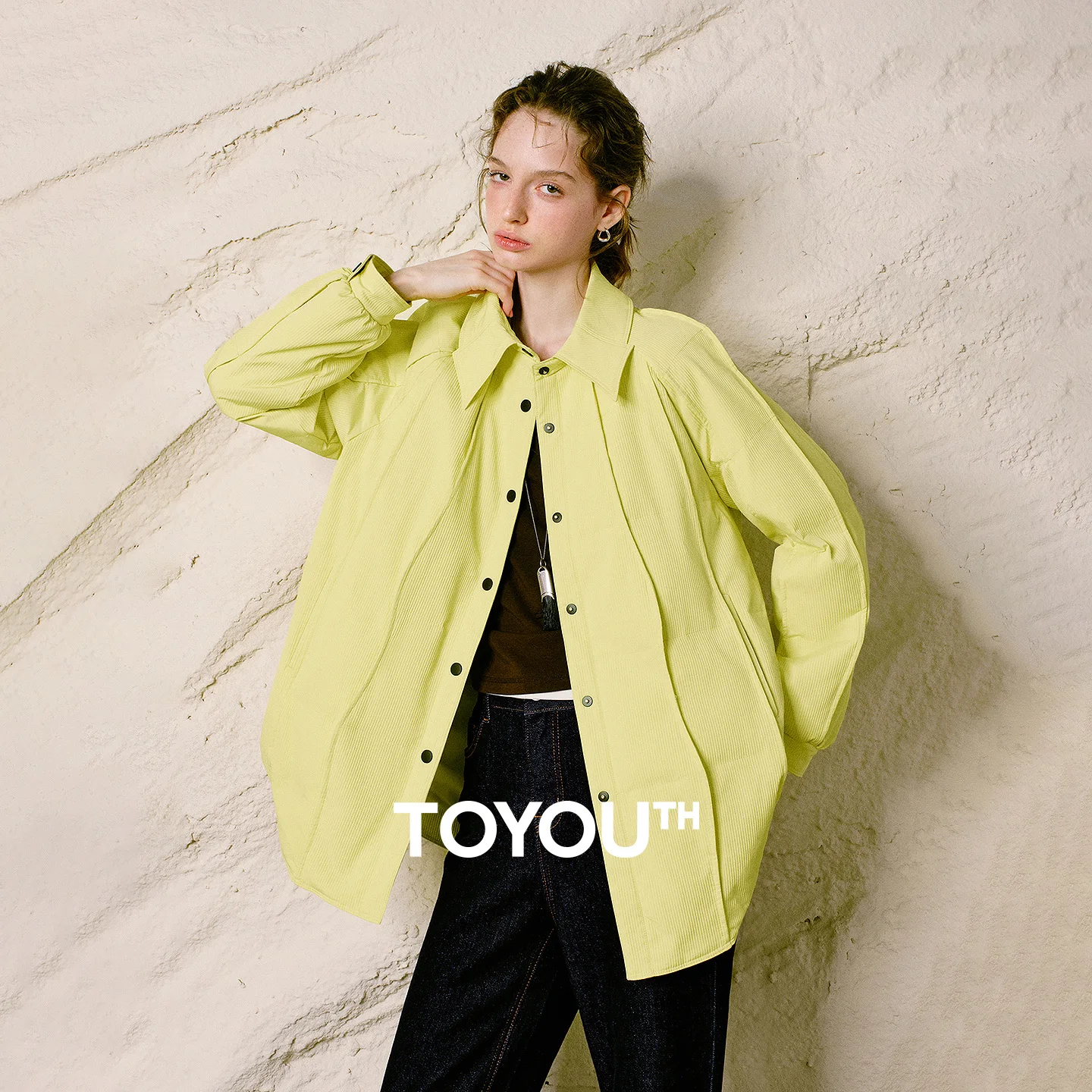 TOYOUTH Women Down Jacket 2026 Winter New Lapel Wave Seam Design Commuter Shirt‑Style Coat