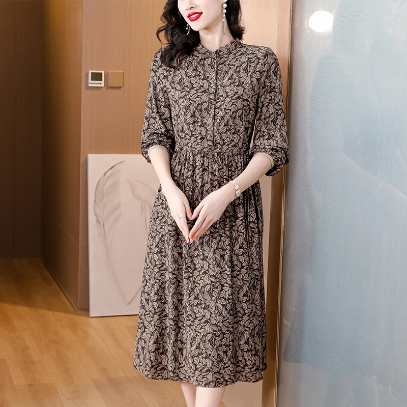 2023 New Fashion Print Knee Length Dress Autumn Vintage Silk Fragmented Flower Dress Korean Version Loose Fit Fashionable Vestid