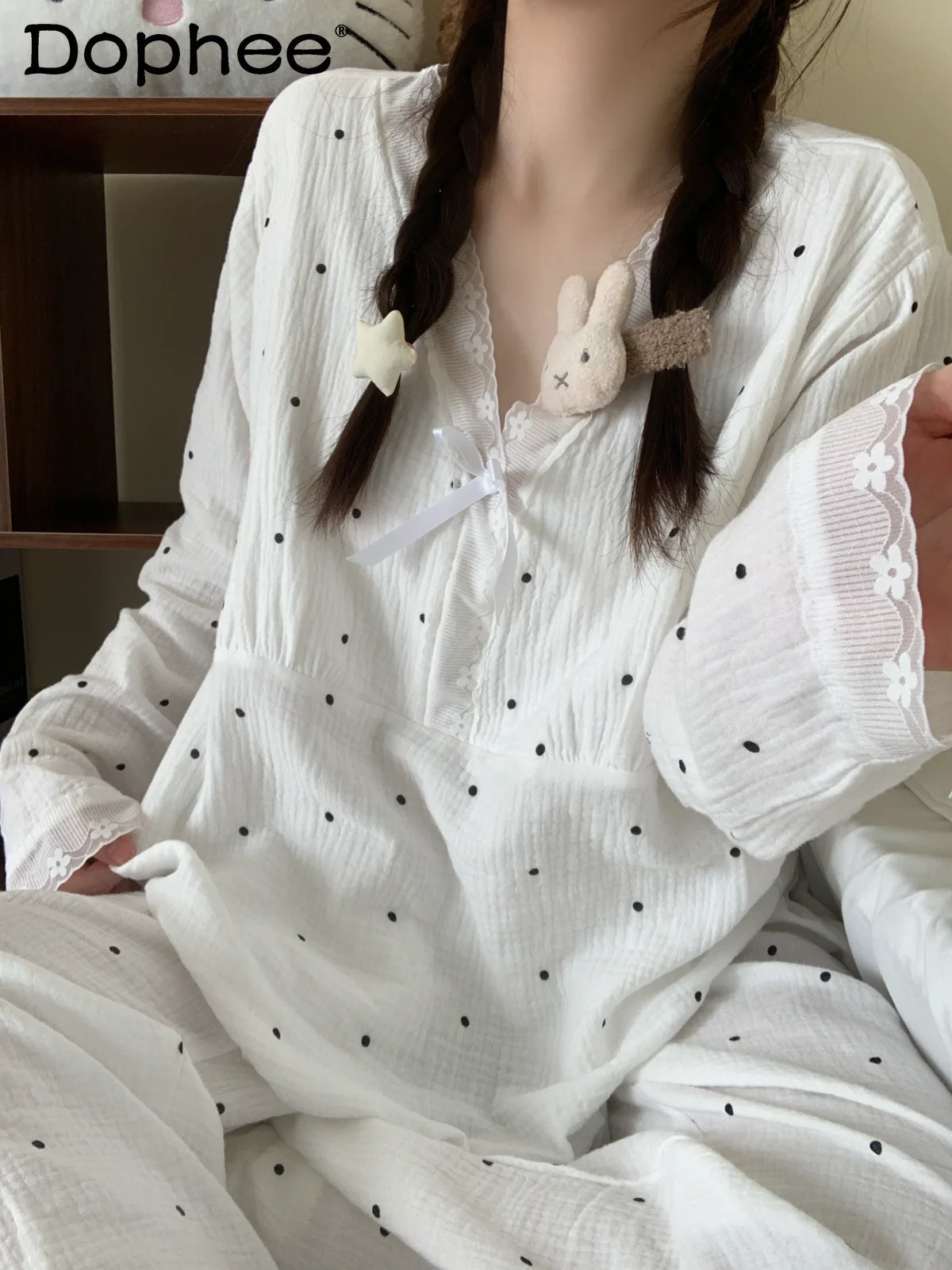 100% Pure Cotton Polka Dot Lace Trim Cotton Gauze Long Sleeve Pajamas for Women Spring Autumn 2025 New Casual Homewear Set