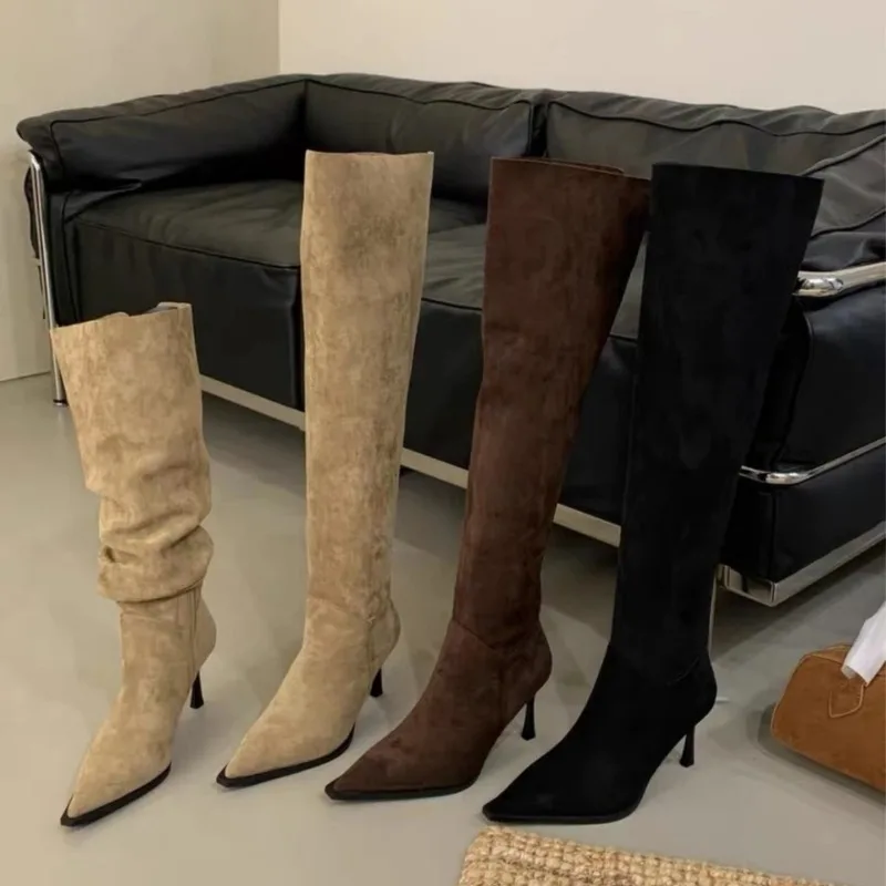 

Hot Selling New Suede Stiletto High Boots 2026 Fashion Pointed Toe Side Zipper Soft Sole Non-Slip Wear-Resistant High Heels