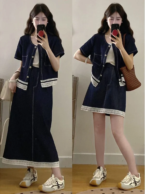 

plus Size Summer Fashion Set Women's Lace Patchwork Conceal Flattering Two-Piece Suit Short Sleeve round Neck Button Closure