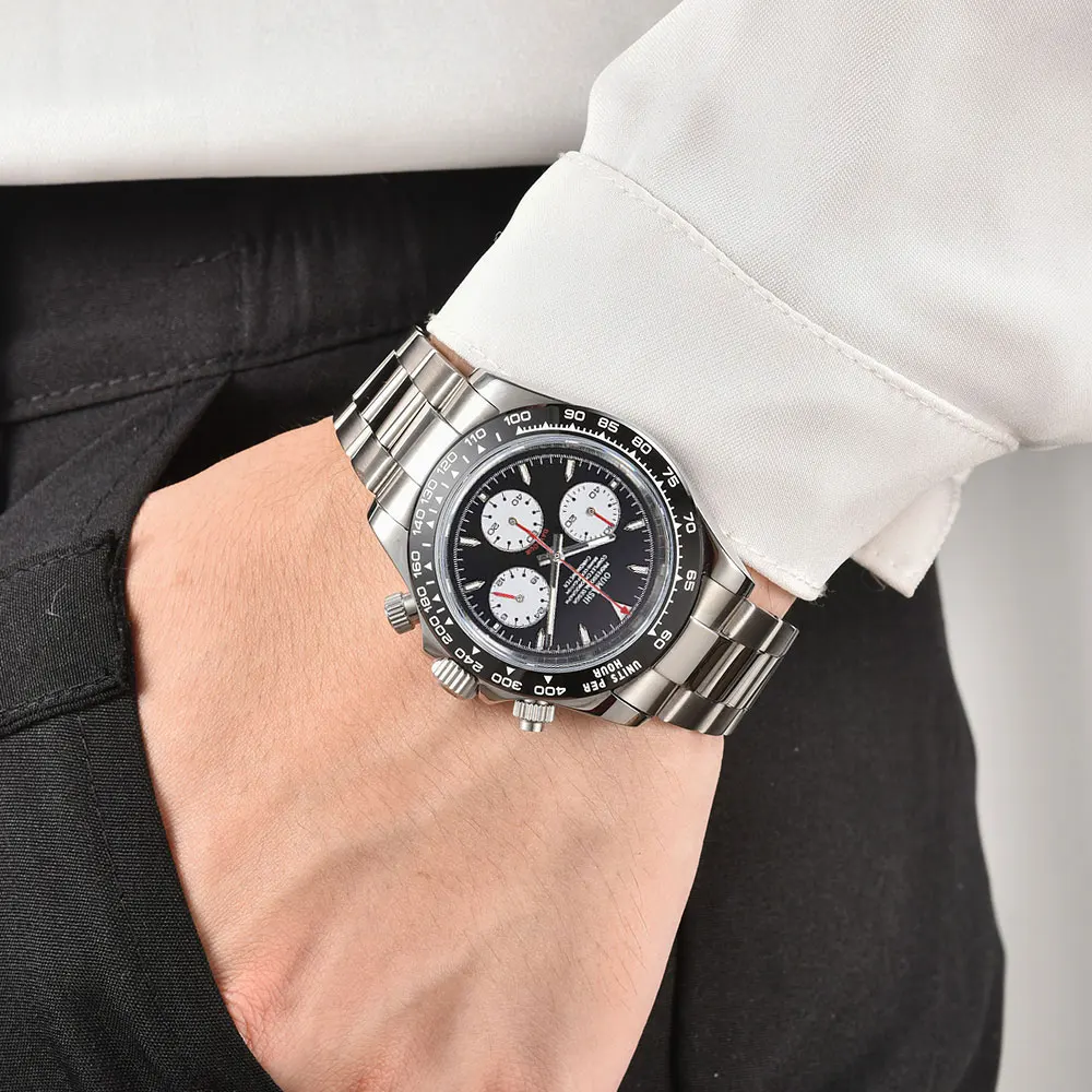 Silver custom men wristwatch VK63 movement chronograph sapphire glass stainless steel strap Business men waterproof watch 10Bar