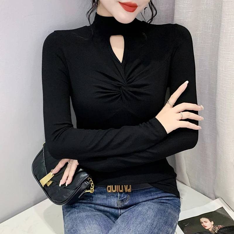 MadBlack-Women's European T-Shirt, Sexy Mock Neck Hollow Out Top, Streetwear Long Sleeve Slim Black Tee, Autumn Winter T4N712CC