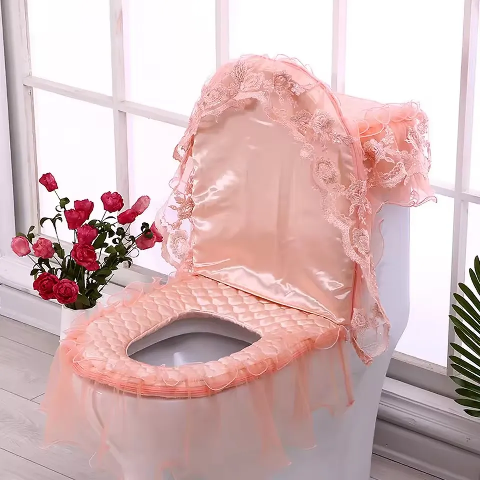 Thick Lace Coral Velvet Toilet Seat Cover Set Soft Warm Toilet Case Washable Bathroom WC Cover Mat Tapa Para Wc