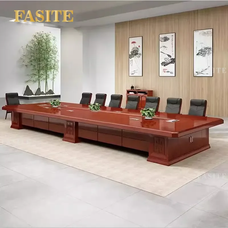 For 10 Person Chinese Style Simple Solid Wood Conference Table Rectangular Thickened Negotiation Desk with Lockers Meeting